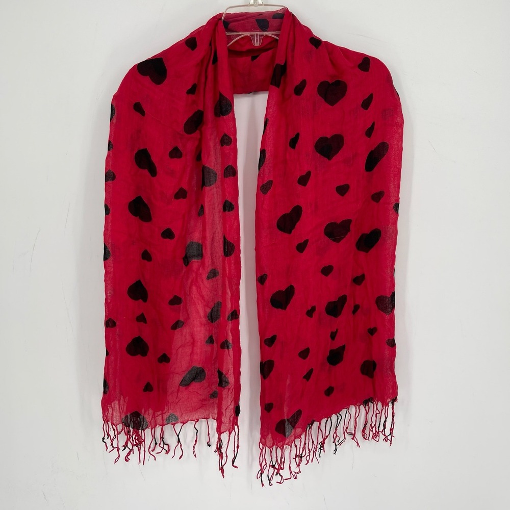 Women's Red Black Heart Print Tassel Fringe Romantic Shawl Wrap Scarf One Size